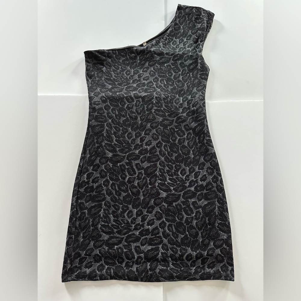TRAC Sparkle Party Stretch One-Shoulder Mini Dress, Black and Grey Size S